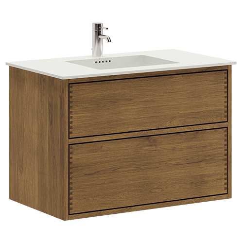 80 cm Mörkoljad Just Wood Push badrumsmöbel med 2 lådor och Solid Surface bordsskiva